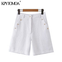 KPYTOMOA Women 2021 Fashion Side Pockets With Buttons Tweed Shorts Vintage High Waist Zipper Female Short Pants Mujer