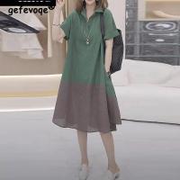 【YF】 Womens Clothing Contrast Color Patchwork Elegant Shirts Dresses Summer Trendy Short Sleeve Casual Oversized Midi Dress Vestidos