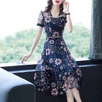 【YF】 Office Lady Fashion Floral Printed Midi Dress Elegant Square Collar Spliced Summer Casual Waist A-Line Short Sleeve Dresses 2023