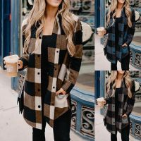 Womens New Long Sleeve Plaid Print Button Open Front Long Cardigan Outerwear korean fashion Button up Cardigan