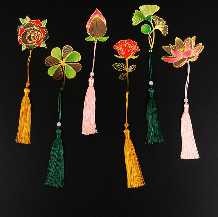 four-leaf-clover-bookmark-hollow-carved-bookmark-lotus-bud-bookmark-painted-bookmark-brass-bookmark-flower-metal-bookmark