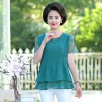 Mothers summer two-piece suit 40-50 years old middle-aged short-sleeved T-shirt womens shirt new middle-aged and elderly women chiffon shirt suit