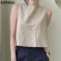 VONDA ผู้หญิงลำลองคอลูกเรือแขนกุดปุ่มแท็บเสื้อกล้ามแข็ง (เกาหลีสาเหตุ)