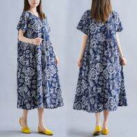 【มีไซส์ใหญ่】Plus Size Womens Floral Printed Long Dress Oversized A-line Vintage Female Dresses