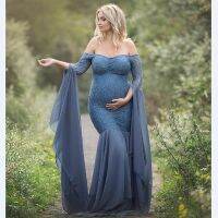 Fashion Maternity Dress for Photo Shoot Maxi Maternity Gown Long Sleeves Lace Stitching Fancy Women Maternity Photography Props