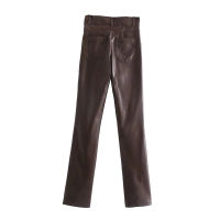 TRAF Split Faux Leather Trousers Za Womens New Solid Color Straight Fashion Pants High Waist Tight-fitting High-end