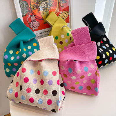 Bag Stripe Student Japanese Shopping Bags Mini Reusable Plaid Shopping Color Women Knot Handbag Knit Wrist
