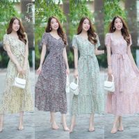 M20-232 Dress เซต2ชิ้นยางรัดผม+เดรสคอvเหลี่ยม แขนดอกบัว มีซับในกระโปรง เนื้อผ้าหางกระรอก พิมพ์ลายดอกไม้