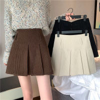 HOUZHOU Vintage Corduroy Pleated Skirt Women Korean Style Kawaii Patchwork Brown High Waist A-line Mini Skirts Autumn Winter