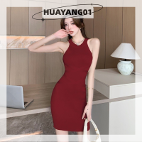 HUAYANG01เดรสสายเดี่ยวคล้องคอคอเสื้อของผู้หญิง,เดรสเสื้อกล้ามรัดรูปถักฤดูร้อน2023