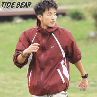 TIDE BEAR เสื้อผ้ากันรังสียูวีของผู้ชายเสื้อผ้าแนววินเทจ,เสื้อผ้าป้องกันแสงแดดแบบเย็บสีตัดกันเสื้อผ้าลำลองมีฮู้ดทรงหลวมกีฬาฤดูร้อน