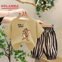 SOLANNA เสื้อเช็้ตเด็กชาย ชุดเด็กผู้ชาย เด็กชายและเด็กหญิงแขนสั้นใหม่ลายการ์ตูนเด็ก 3-6 ปีแขนสั้น + กางเกงขาสั้นชุด 2 ชิ้น2382