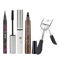 Cocute 4PCS Professional Eye Makeup Kit include Liquid Eyeliner+Thick Mascara+Eyebrow+Eyelash Curler Makeup Set ดินสอเขียนคิ้ว