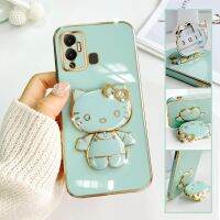 For Infinix Hot 12 Play Mobile Phone Case Fashion Temperament Plating TPU Advanced Rotary Stand Makeup Mirror Hello Kitty Folding Mirror Stand Net Red New Couple Gift Soft Touch Anti slip Anti fall Protective Case