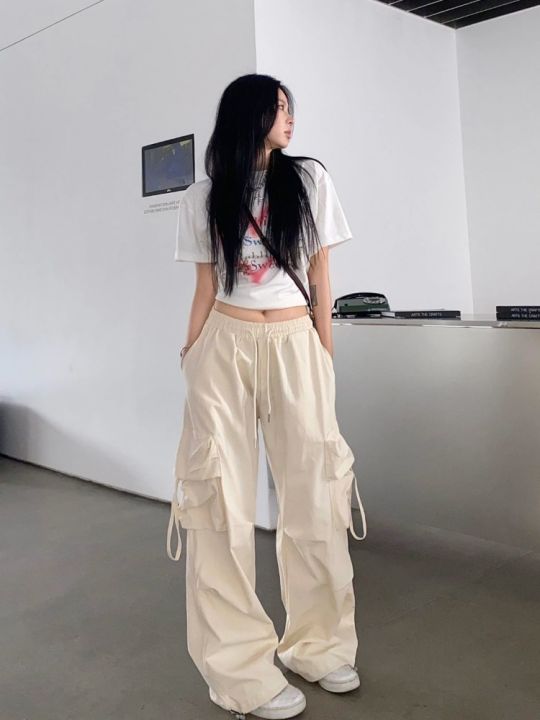 กางเกงร่มชูชีพ-streetwear-ขนาดใหญ่กว่าตัวขากว้างสำหรับผู้หญิง-y2k-วินเทจกางเกงผู้หญิงคาร์โก้เบจ-mode-korea