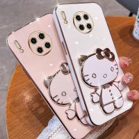 Folding Makeup Mirror Phone Case For Huawei Mate 30 Pro Mate 20 Pro Mate 40 50 Pro  Case Fashion Cartoon Cute Cat Multifunctional Bracket Plating TPU Soft Cover Casing