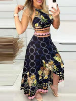 Multi Print Sexy Backless Halter Crop Tops &amp; Maxi Skirts Set Women Summer Two Piece Set Outfits