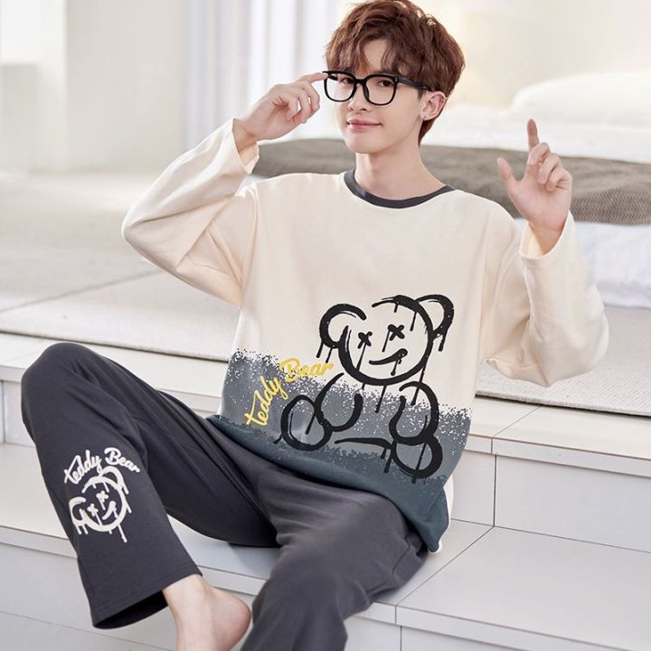 muji-high-quality-new-pajamas-mens-spring-and-autumn-cartoon-cotton-long-sleeved-youth-high-school-students-can-wear-home-clothes-set