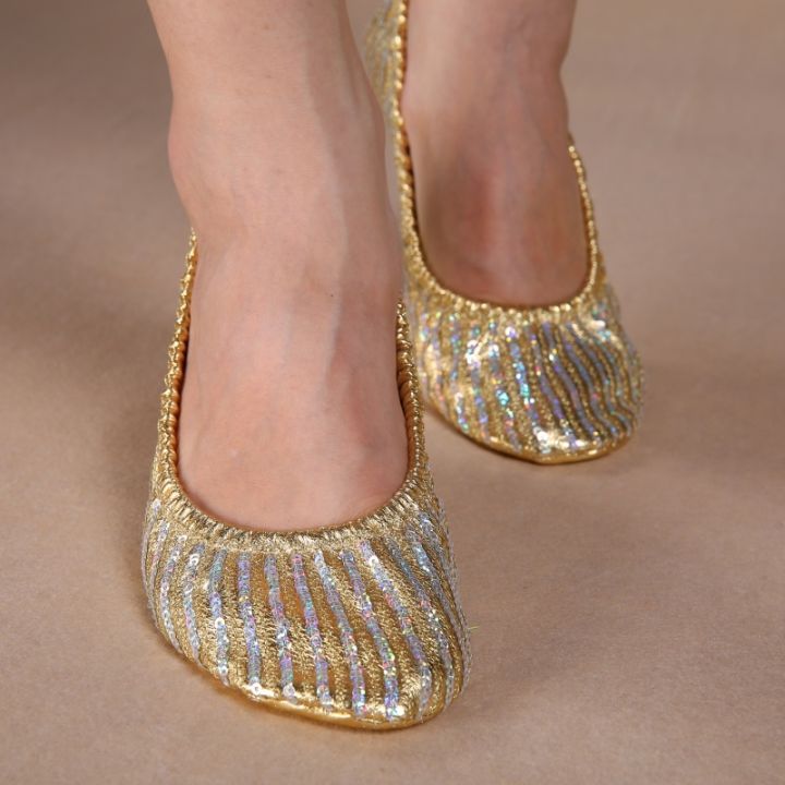 รองเท้าแตะรองเท้าเต้นระบำหน้าท้องสำหรับผู้หญิง-รองเท้าบัลเลต์แบบแบนปักเลื่อมสำหรับเต้นบนเวที