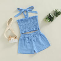 [Mmyard]Kids Girl Halter Tanks Tops + Shorts, Solid Color Pleated Decoration Casual Summer Clothing