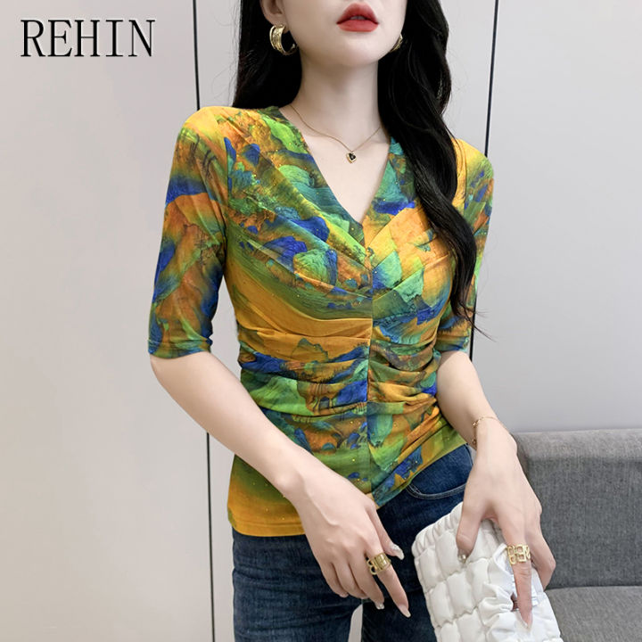 rehin-เสื้อผู้หญิงคอวีพิมพ์ลายดอกไม้แขนสั้นตาข่ายจีบสีน้ำ
