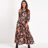 Aachoae Vintage Floral Print Maxi Dress Women Boho Three Quarter Sleeve Long Dress Turn Down Collar Casual Shirt Dresses Robe