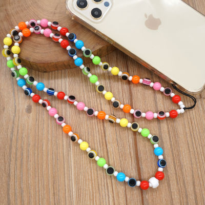 Fashionable Bohemian Rainbow Color Round Beads Demon Eyes Mobile Phone Ornaments Womens Lanyard Long Chain Jewelry Accessories
