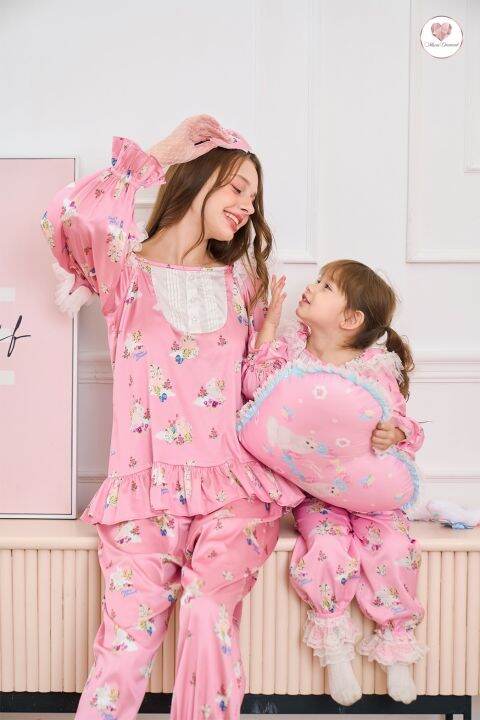 mariadiamond-สีชมพู-kids-goodnight-bunny-pajamas-เด็ก-ผ้าไหมซาตินพิมพ์ลาย-ชุดนอน-เบาสบาย-ระบายอากาศ-ไม่คัน-ไม่ร้อน