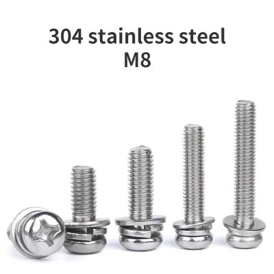 M8 304 Stainless Steel Phillips Round Head Screws with Flat Washers Spring Washers Pan Head Screws Three Combination Nails  Screws Fasteners