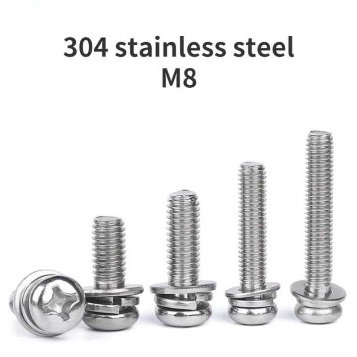 m8-304-stainless-steel-phillips-round-head-screws-with-flat-washers-spring-washers-pan-head-screws-three-combination-nails-screws-fasteners