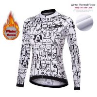 ZZOOI Mieyco Women Winter Thermal Fleece Jersey White Cartoon Cat Cycling Jersey Eco-Friendly Bike Clothing Top Road Team Bicycle Men