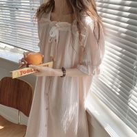 【 WYIN kitchen】 Pajamas Nightdress for Women Cotton Korean Style Home Clothes Lace Decorative Bow Maxi Dress Vestidos Woman Nightgown Sleepwear