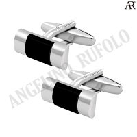 ANGELINO RUFOLO Cufflink(คัฟลิงค์) ดีไซน์ Black Onyx กระดุมข้อมือคัฟลิ้งโรเดียมคุณภาพเยี่ยม ตัวเรือนสีเงิน ประดับตกแต่งด้วย Black Onyx