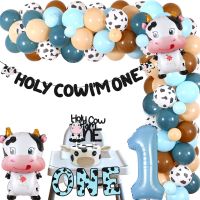 JOYMEMO Cow Farm Theme 1st Birthday Party Decorations for Kids Holy Cow Im One Banner Cake Topper Number 1 Cow Foil Balloon Kit