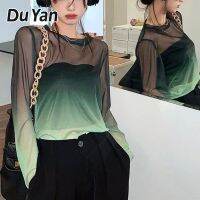 DU YAN เสื้อผ้าป้องกันแสงแดดสำหรับผู้หญิง,เสื้อแขนยาวแบบบางย้อมสีเชือกรองเท้าลายฤดูร้อนเข้ารูปพอดีเสื้อตาข่ายสีอเนกประสงค์และสง่างาม