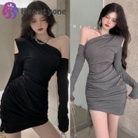 Womens Bodycon Dress Solid Color Mini Dress One Shoulder Dress y Elegant Bodycon Long Sleeve