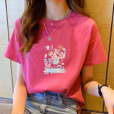 เสื้อยืดสตรีคอกลมแขนสั้นพิมพ์ลายการ์ตูนสีชมพูลำลองใหม่ฤดูร้อน