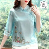 COD dhdfxcz Embroidery Floral Tops Summer Vintage Cheongsam Top Chiffon Silk Women Blouse