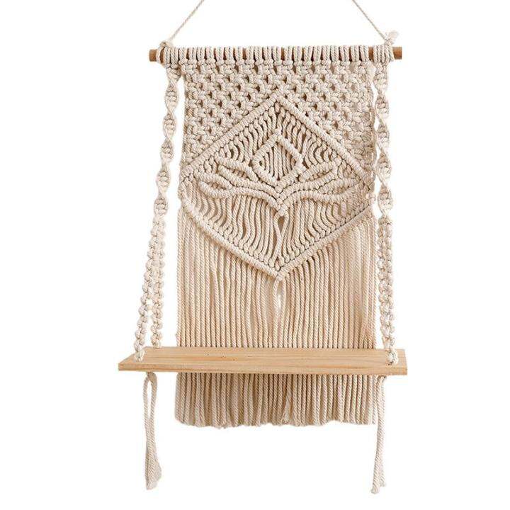 macrame-ชั้นแขวนผนังสำหรับตกแต่งไม้ลอยชั้นทอด้วยมือสไตล์โบฮีเมียนสีขาวชั้นวางติดผนังแนวชนบท