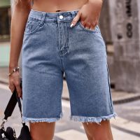 【hot】 Denim Shorts 2023 Frayed Straight Leg Distressed Fashion Clothing