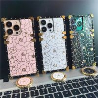 ▧⊕ Luxury Gold Glitter Cover Brand Flower Square Case for Samsung Galaxy S23 Ultra S22 Plus S21 FE S20 S9 S10 Note 20 Ultra 10 9 8