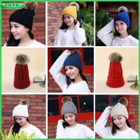 YUYU Women Winter Warm Crochet Cap Wool Knit Hat Raccoon Fur Beanie Pom Bobble