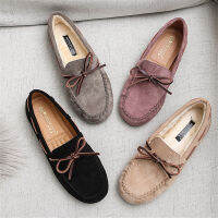 2023ฤดูหนาวรองเท้าผู้หญิงรองเท้าแตะ Loafers Faux Suede Warm Plush Fur Bowtie เรือบัลเล่ต์แฟลตนุ่มม้วนไข่ Peas หญิงตั้งครรภ์ ~