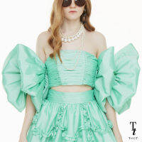 TandT - DOUBLE LAYER BOWKNOT STRAPLESS CROP TOP เสื้อเกาะอกคร๊อปตัวสั้น เดรปรูดชั้นระบายรอบอก แขนรูดซ้อนจีบโบว์ระบายใหญ่ ผ้าไหมทาฟต้า