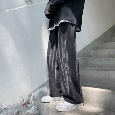 ฤดูใบไม้ร่วงฤดูหนาวใหม่ตรงกางเกงยีนส์สีดำ สีฟ้าผู้ชายมัดย้อมกางเกงยีนส์ขากว้างกางเกง U Nisex Streetwear กางเกงลำลอง2XL-S