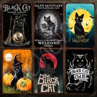 Happy Halloween Cat แผ่นโลหะ-แมวดำป้ายโลหะ Salem Sanctuary สำหรับ Wayward Cats ป้ายดีบุก-แผ่นโลหะวินเทจสำหรับตกแต่งผนัง