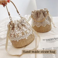 Summer Beach Bag Crochet Lace Handbag Romantic Lace Bucket Bag Holiday Bucket Bag Fashionable Straw Purse. Crossbody Straw Bag Casual Shoulder Bag Straw Plaited Bag Womens Lace Tote