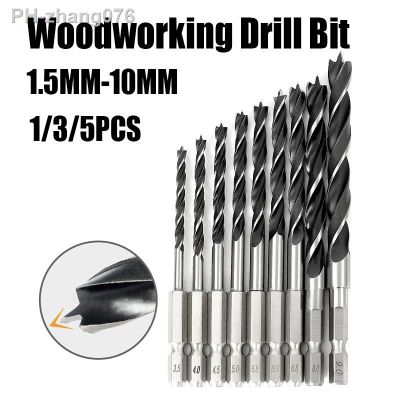 1/3/5PCS 1.5mm-10mm Woodworking Drill Bit Hex Shank1/4 6.35mm Three-point Carpentry Drill HSS Electric Drill Wood Opening Cutout