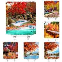 ✞⋮ Autumn Orange Maple Forest Shower Curtains Fabric 3D Natural Scenery Garden Lake Crane Flower Bat