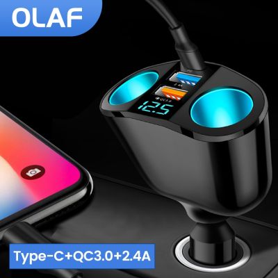 OLAF QC3.0 USB ชนิด C ช่องรถซิการ์ไฟแช๊คคู่ที่ชาร์จแบตในรถ LED 66W ที่ชาร์จ USB C หน้าจอดิจิทัลหัวปลั๊ก USB ตัวชาร์จไฟสำหรับ iPhone เร็ว